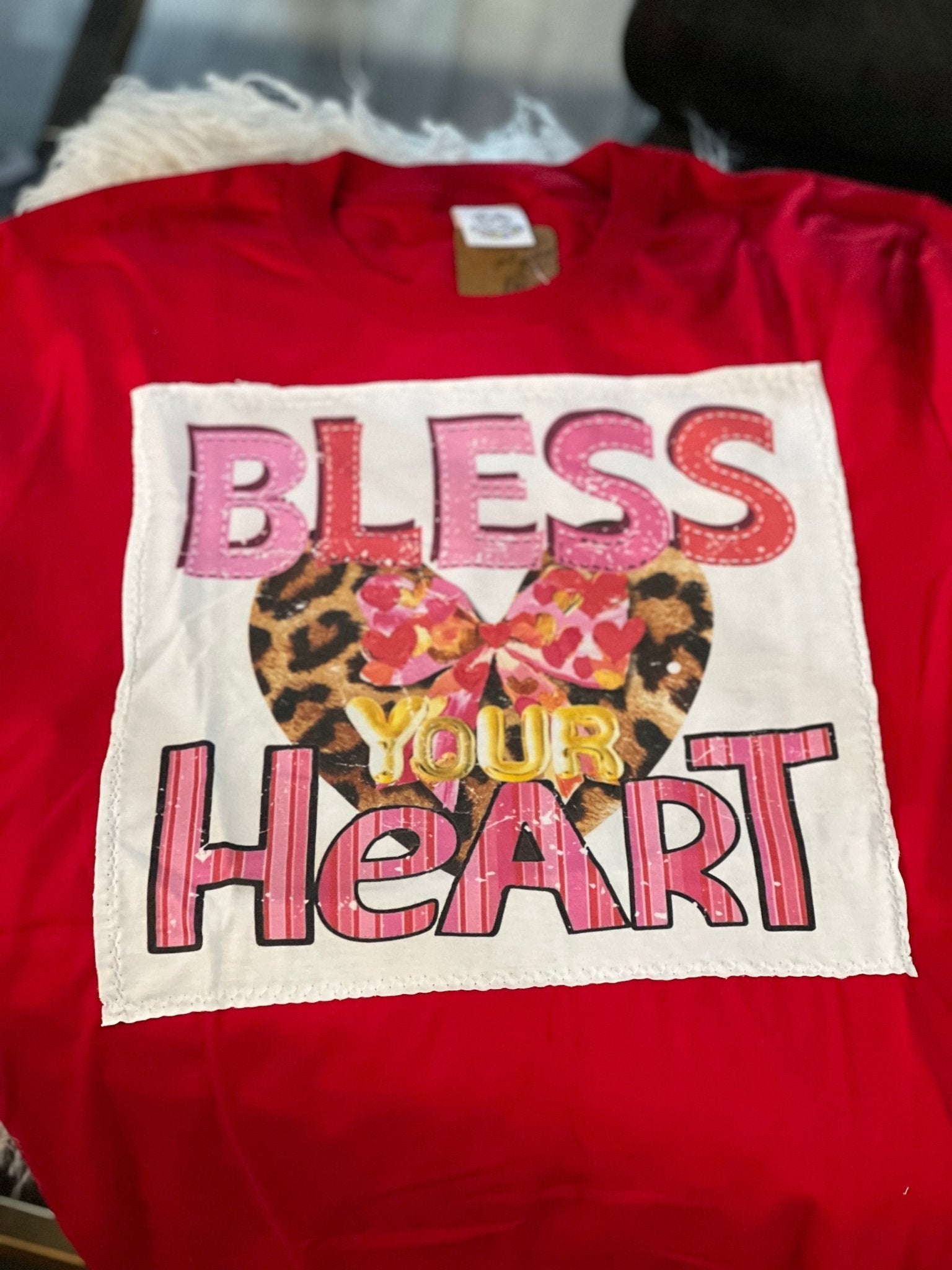 Bless Your Heart Leopard Heart with Bow on Red Crew Tshirt - The Mustard Seed Collection, The Seed