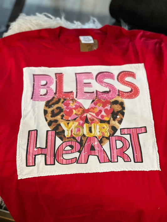 Bless Your Heart Leopard Heart with Bow on Red Crew Tshirt - The Mustard Seed Collection, The Seed