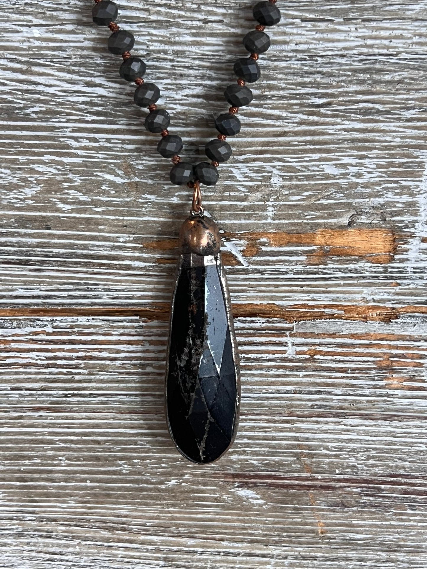 Bohemian Black Bead & Teardrop Pendant Necklace 