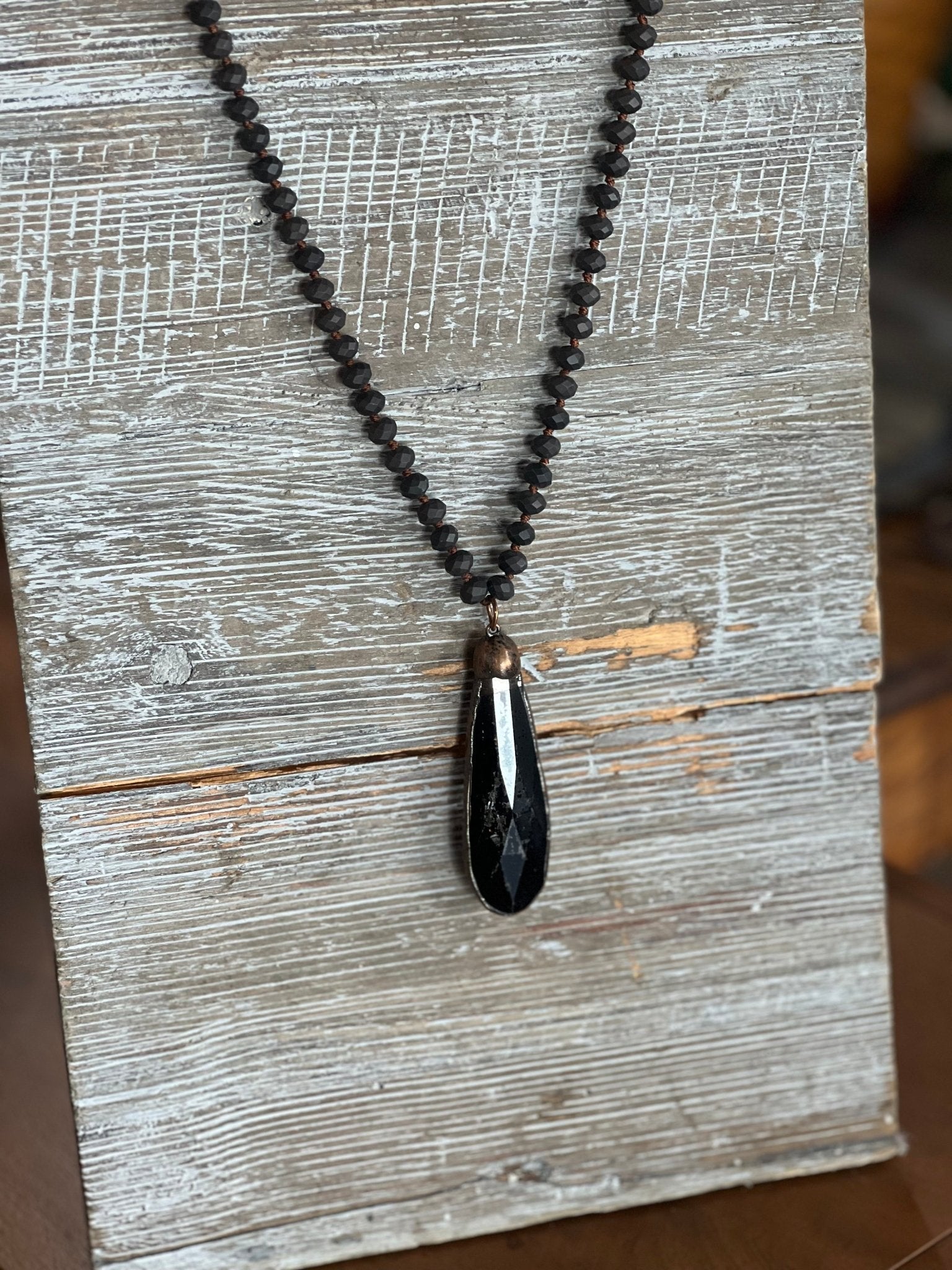 Bohemian Black Bead & Teardrop Pendant Necklace 