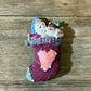Brooch/Pin Pink Stocking with Santa & Snowmen