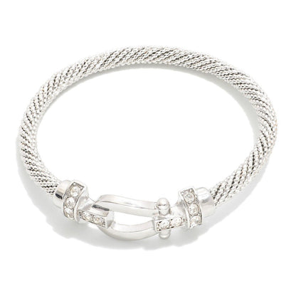 Buckle & Rhinestone Textured Metal Bangle Bracelet Silver