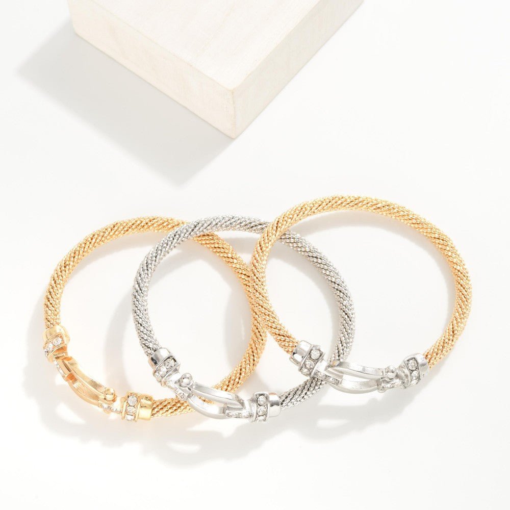 Buckle & Rhinestone Textured Metal Bangle Bracelet - The Mustard Seed Collection, The Seed