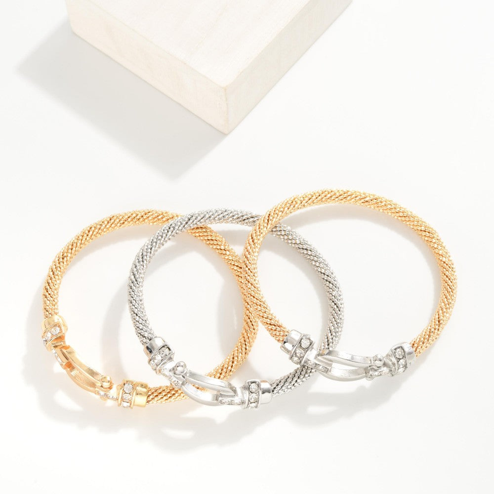 Buckle & Rhinestone Textured Metal Bangle Bracelet Silver