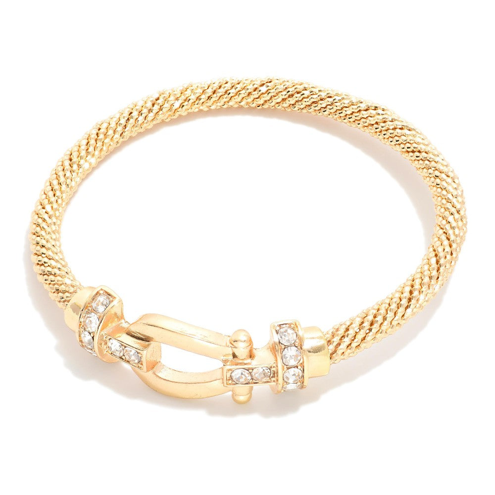 Buckle & Rhinestone Textured Metal Bangle Bracelet Gold