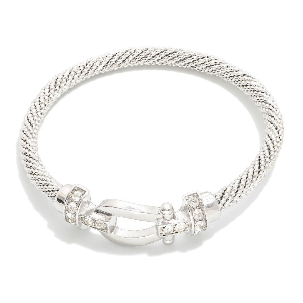 Buckle & Rhinestone Textured Metal Bangle Bracelet Silver