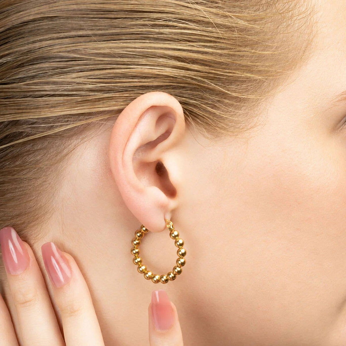 18K Gold PVD Stainless Steel Circle Ball Hoop Earrings: Gold WJW
