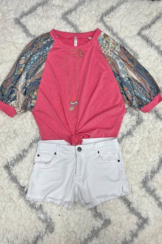 Solid Fashion Top with Floral: Dark Pink