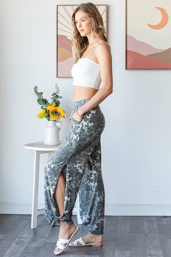 Leopard Camo Side Slit Ankle Tie Pants