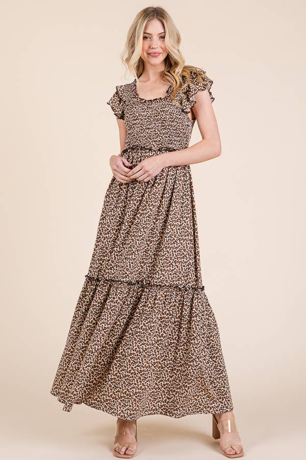 Leopard Ruffle Sleeve Tiered Maxi Dress