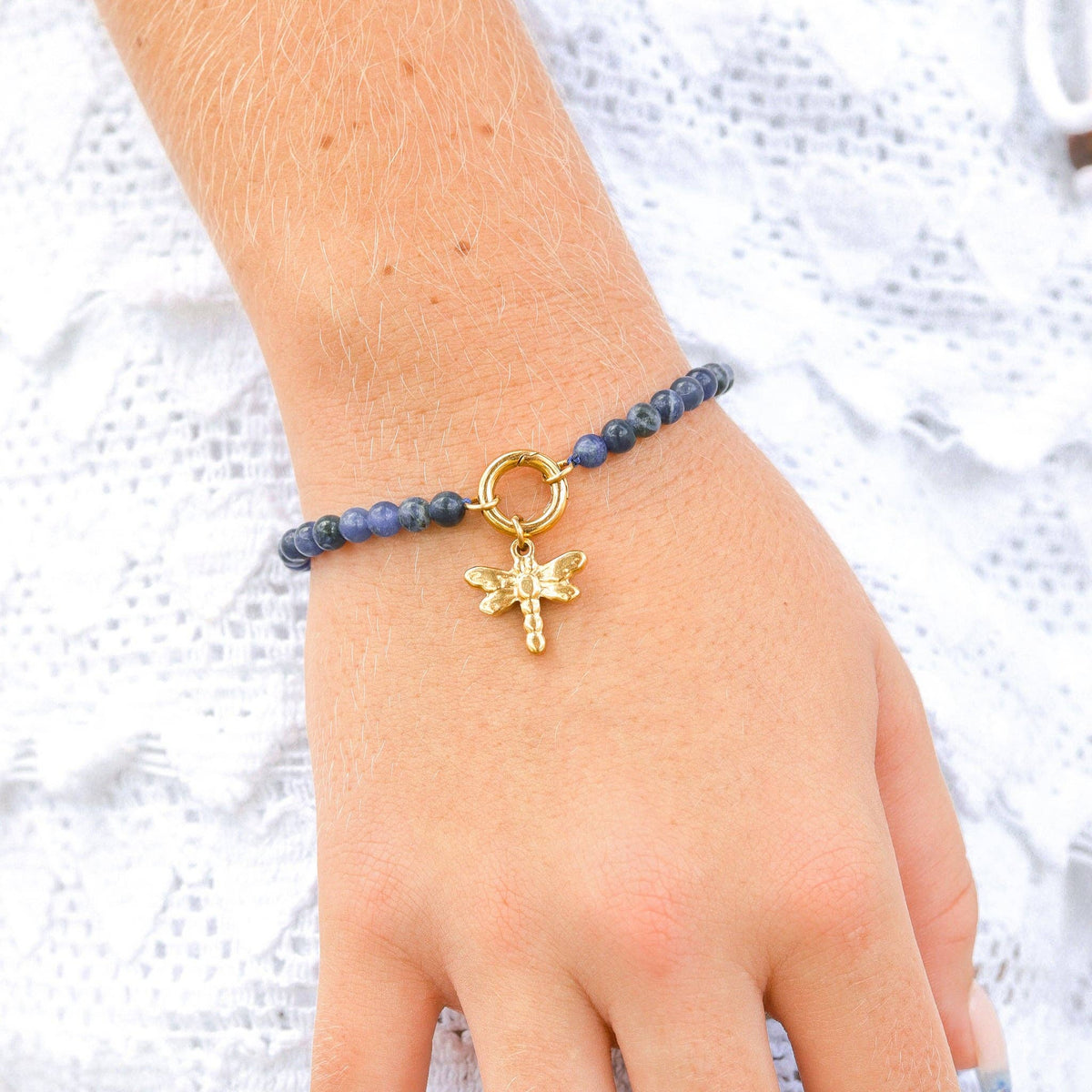 18K Gold PVD Stainless Steel Semi Precious Natural Stone Charm Keeper Bracelet: Gold / Picture Jasper WJW