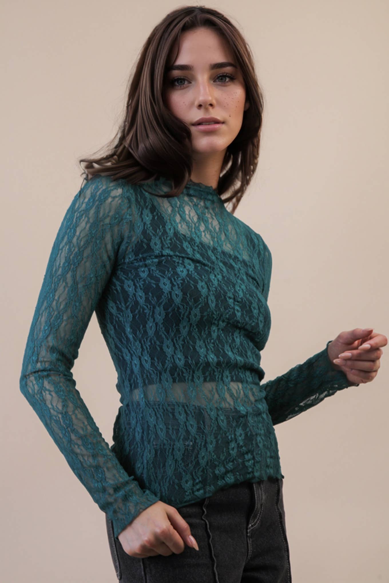 High Neck Fitted Sheer Mesh Lace Knit Top: FOREST