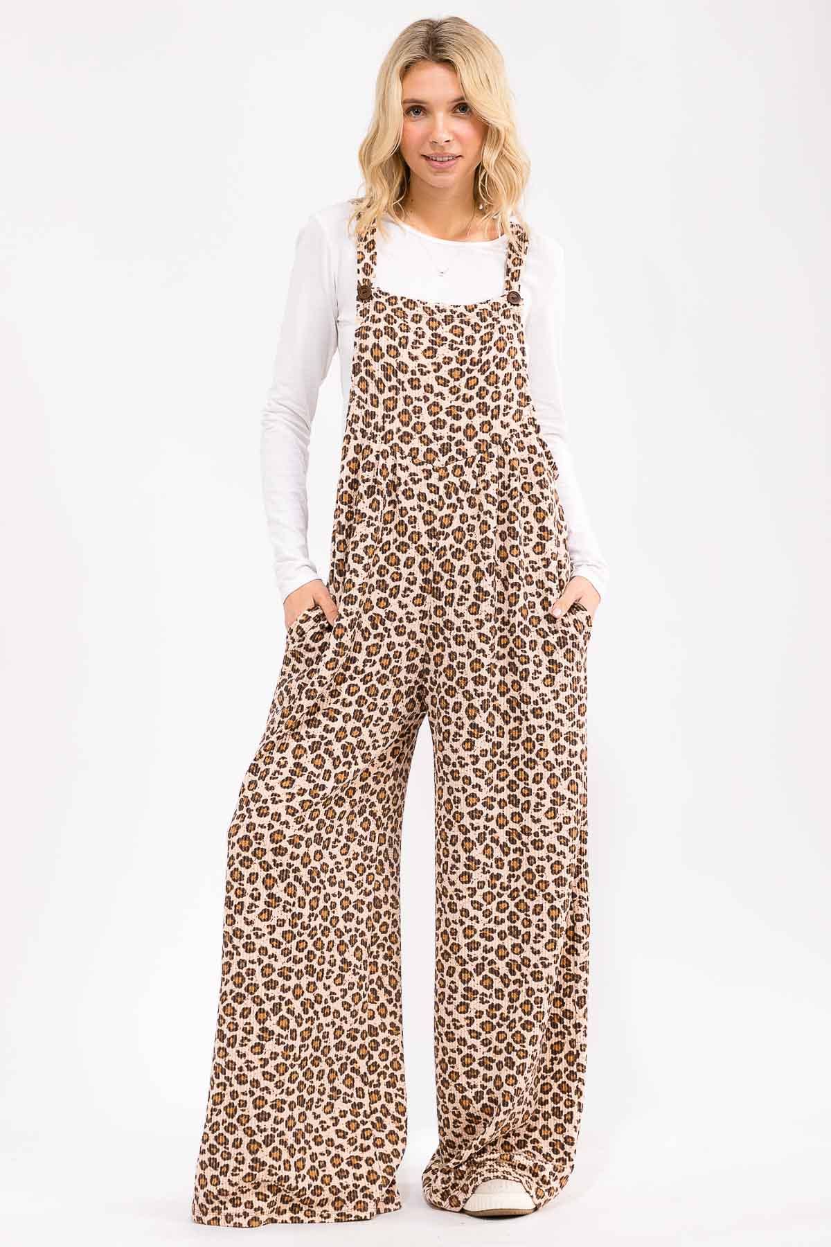 Leopard Print Wide Leg Overall Jumpsuit: As Shown