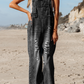 Distressed Pocketed Wide Leg Capri Black Denim Overall