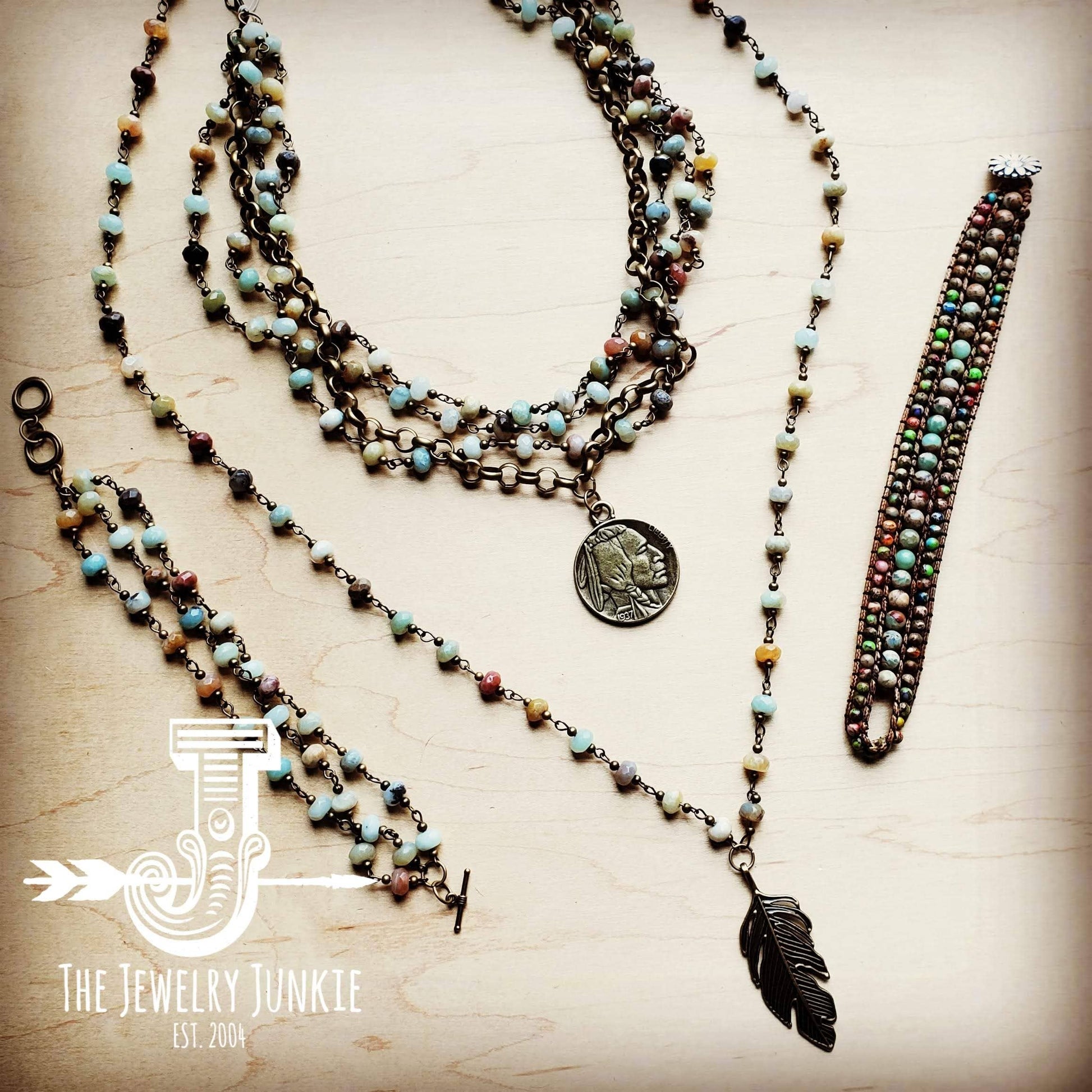 Amazonite Beaded Necklace w/ Antique Gold Feather
