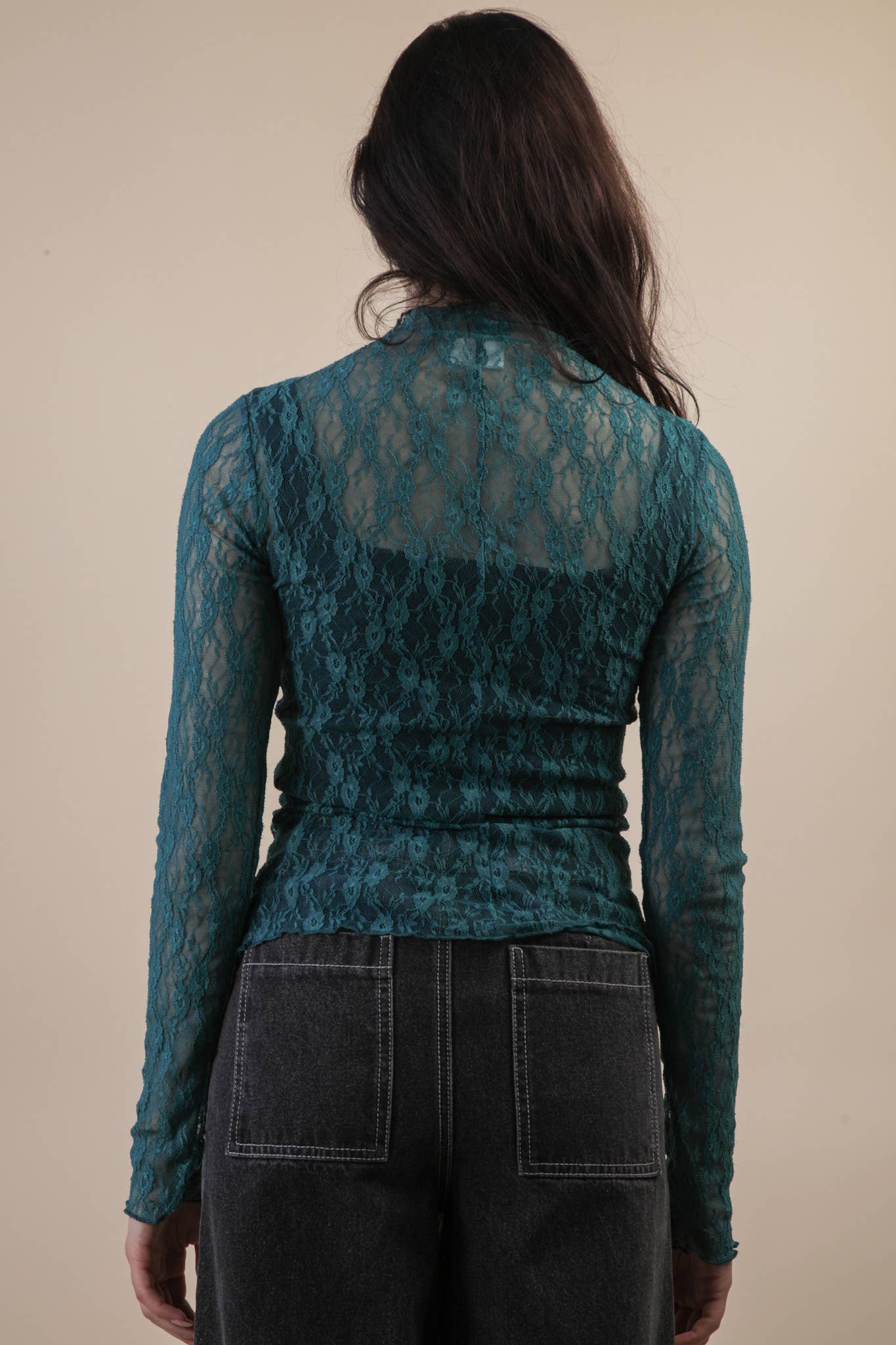 High Neck Fitted Sheer Mesh Lace Knit Top: FOREST