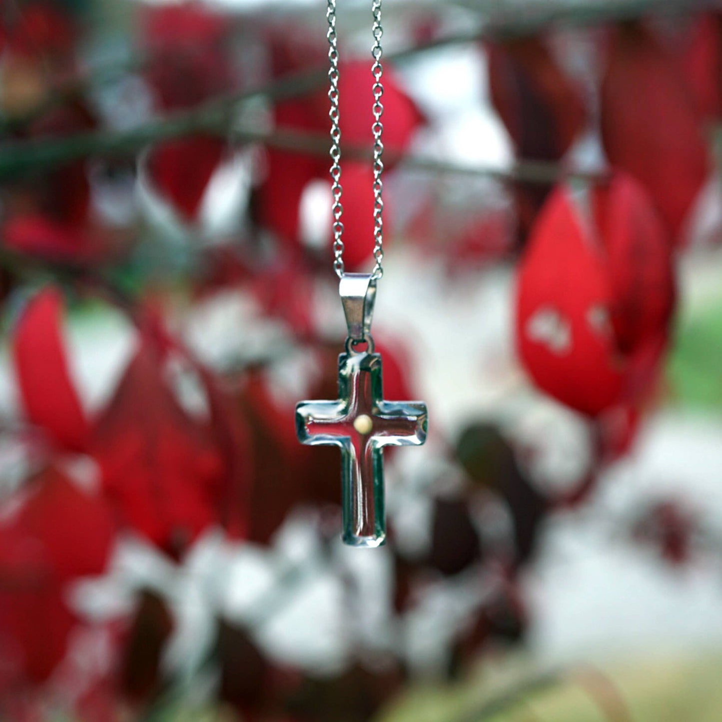 Cross Mustard Seed Necklace: Stainless Steel / 18" chain