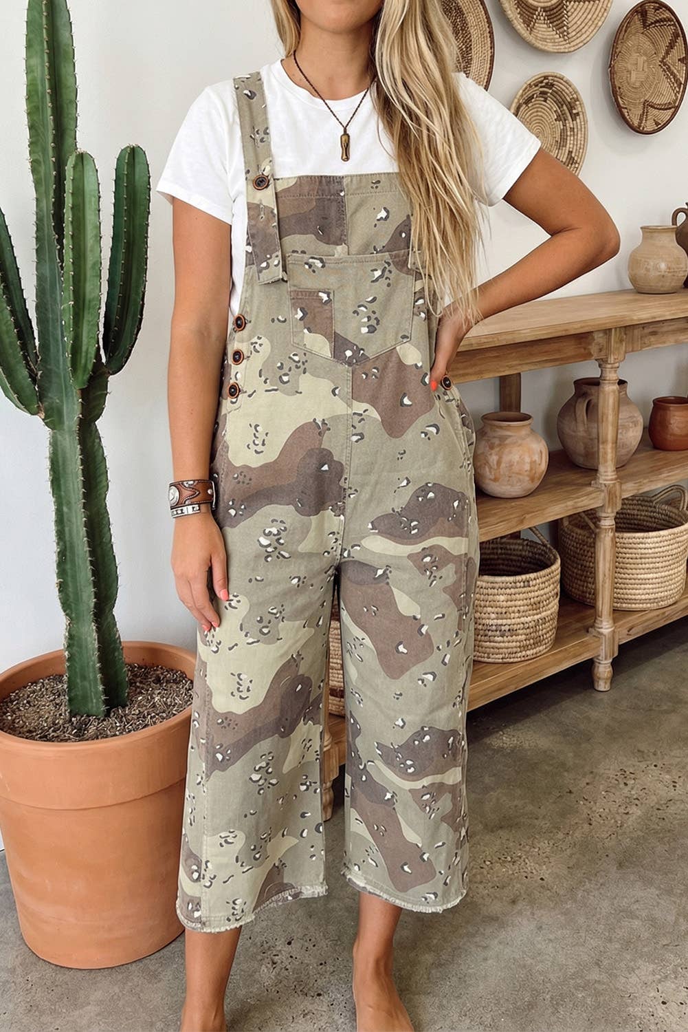 Camo Leopard Detail Loose Denim Overall Cropped Jumpsuit: Green / XL - The Mustard Seed Collection, The Seed