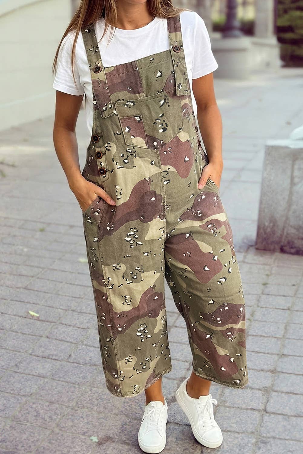 Camo Leopard Detail Loose Denim Overall Cropped Jumpsuit: Green / XL - The Mustard Seed Collection, The Seed