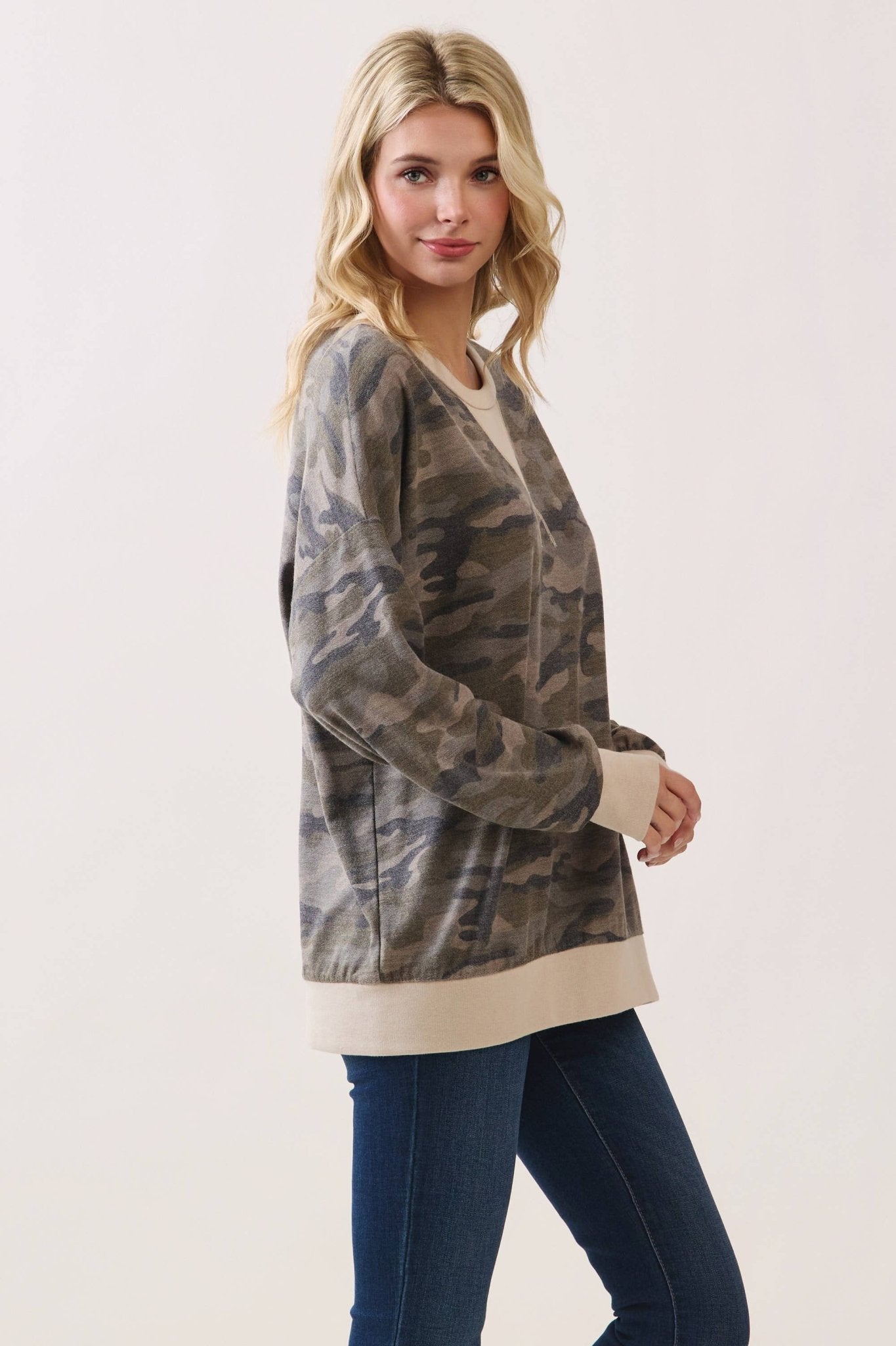 Camo Terry Knit Pullover Top: Camo/Beige - The Mustard Seed Collection, The Seed
