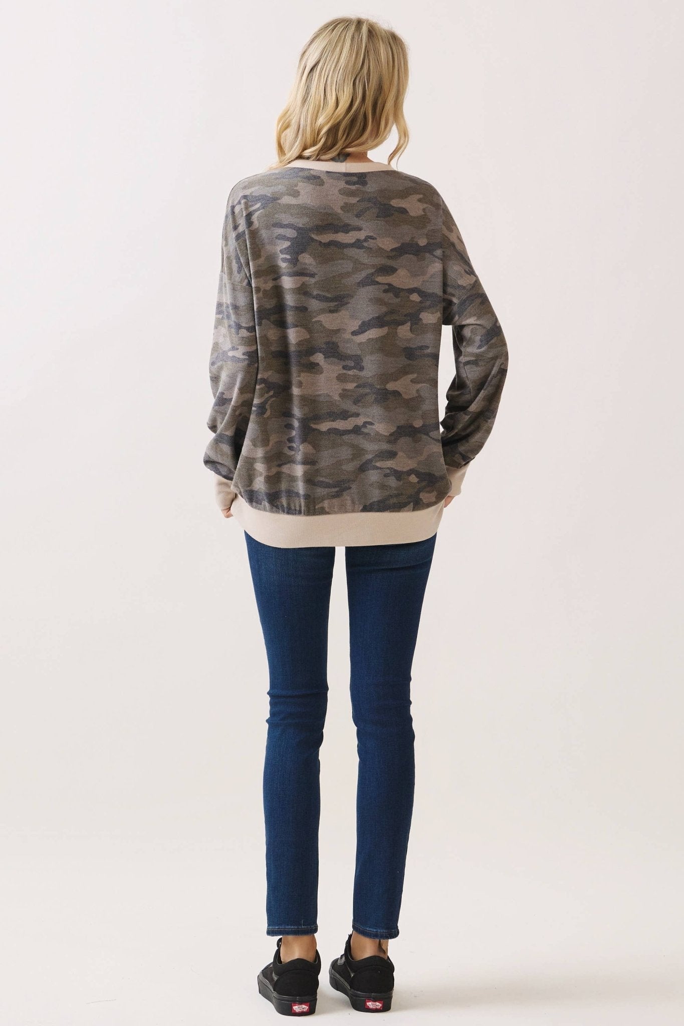 Camo Terry Knit Pullover Top: Camo/Beige - The Mustard Seed Collection, The Seed