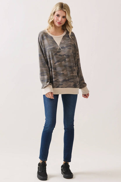 Camo Terry Knit Pullover Top: Camo/Beige - The Mustard Seed Collection, The Seed