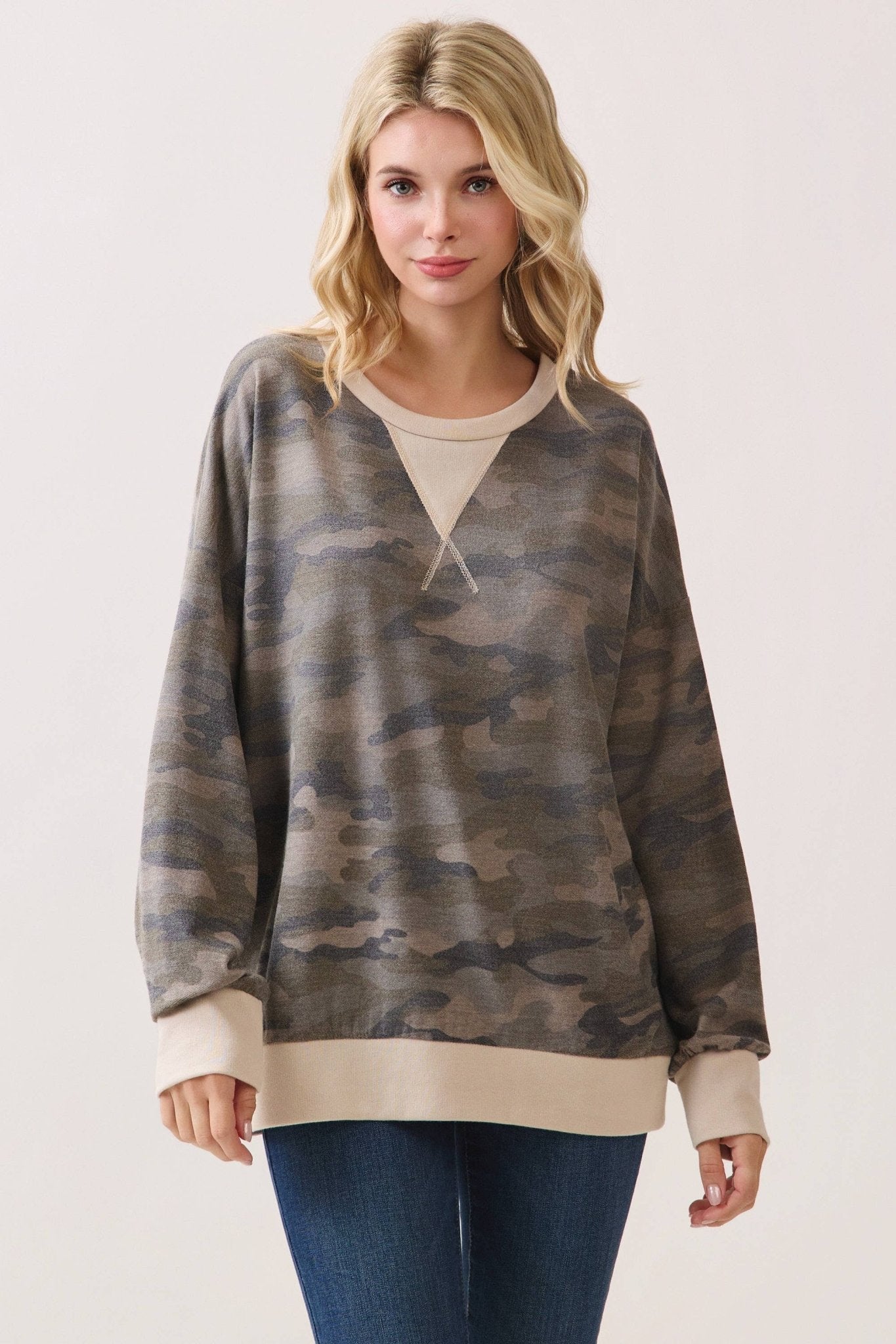 Camo Terry Knit Pullover Top: Camo/Beige - The Mustard Seed Collection, The Seed