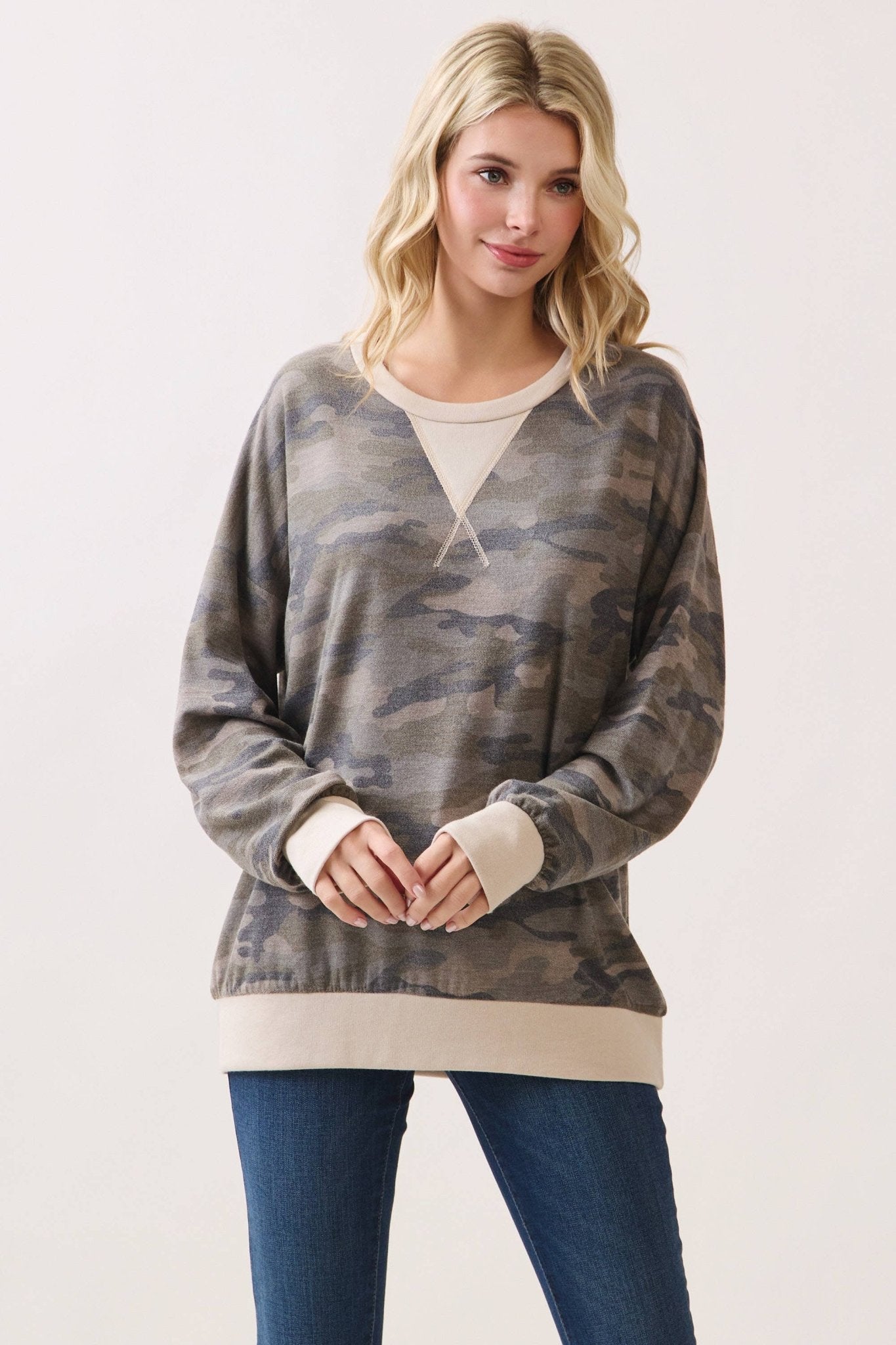 Camo Terry Knit Pullover Top: Camo/Beige - The Mustard Seed Collection, The Seed