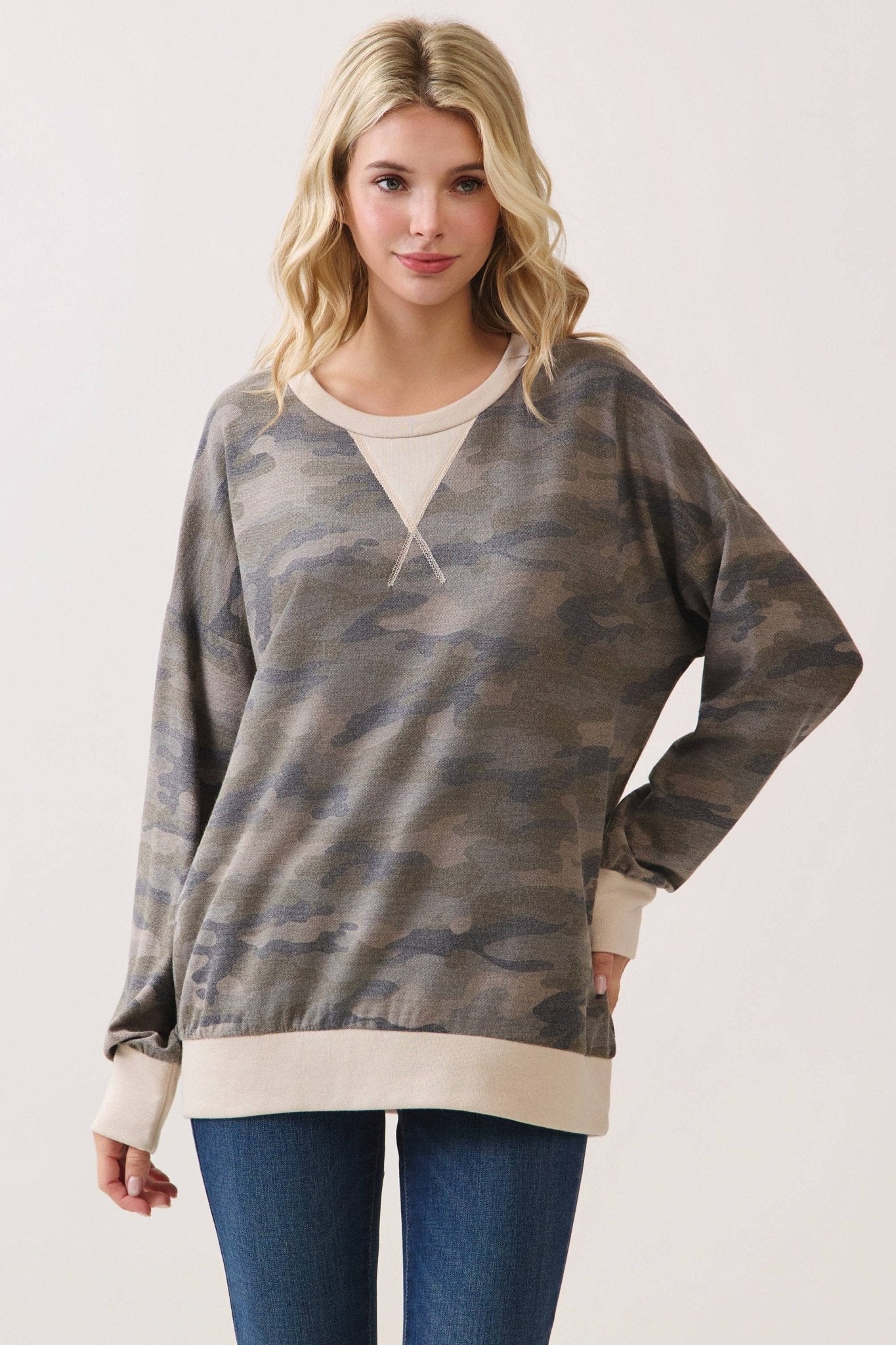 Camo Terry Knit Pullover Top: Camo/Beige - The Mustard Seed Collection, The Seed