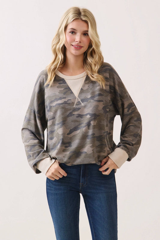 Camo Terry Knit Pullover Top: Camo/Beige - The Mustard Seed Collection, The Seed