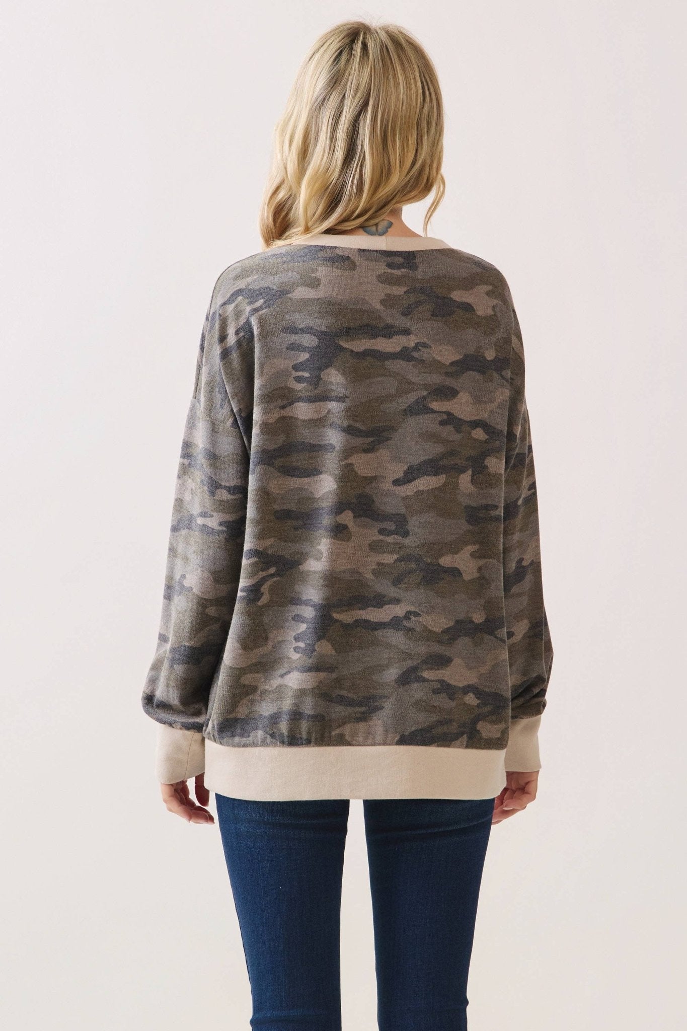Camo Terry Knit Pullover Top: Camo/Beige - The Mustard Seed Collection, The Seed