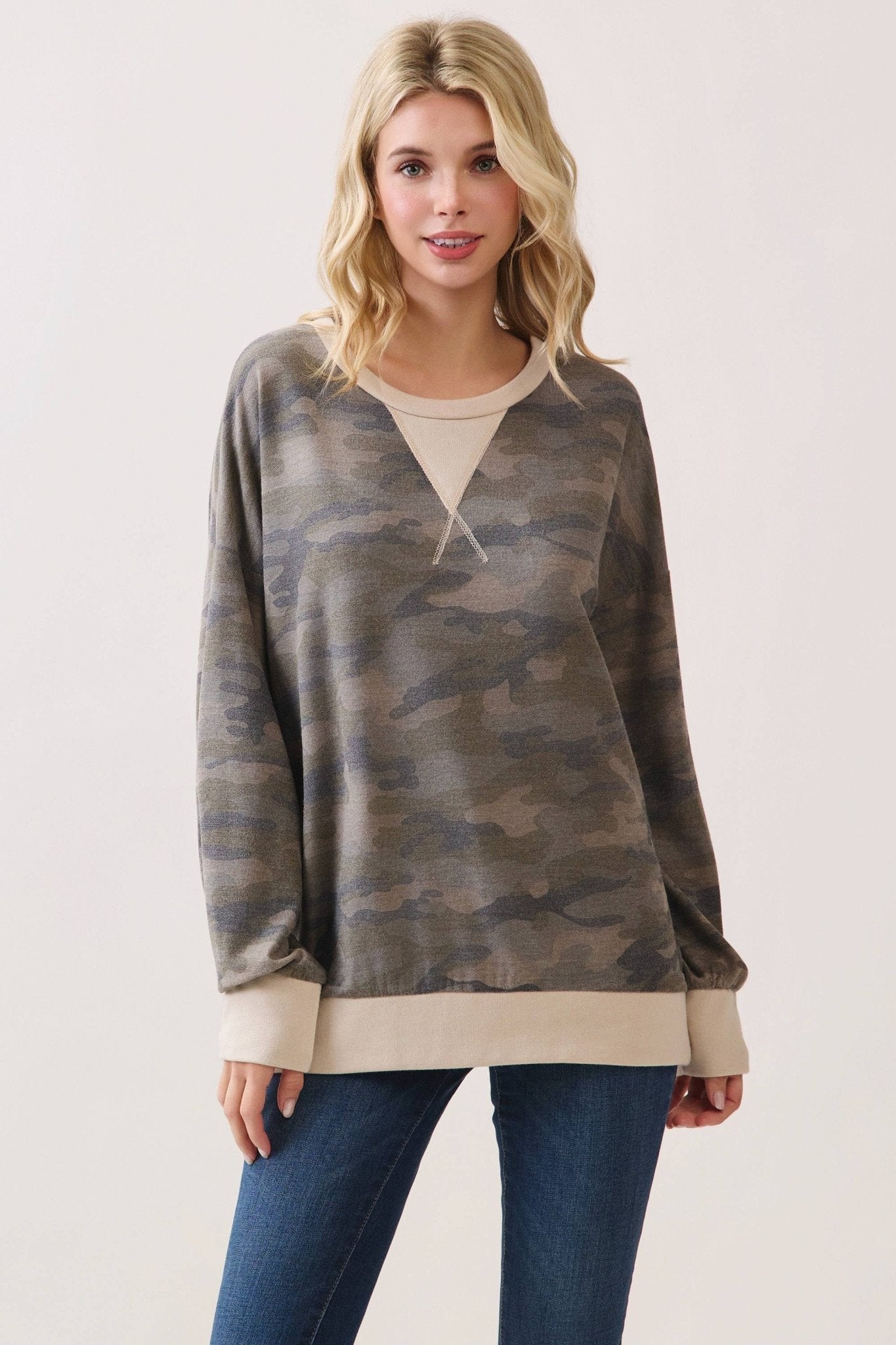 Camo Terry Knit Pullover Top: Camo/Beige - The Mustard Seed Collection, The Seed