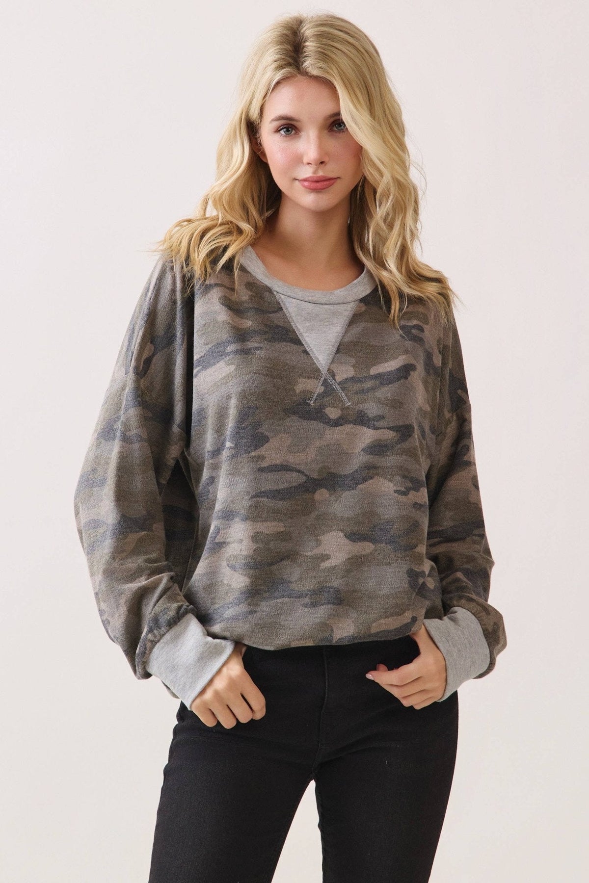 Camo Terry Knit Pullover Top Heather Grey/Camo - The Mustard Seed Collection, The Seed