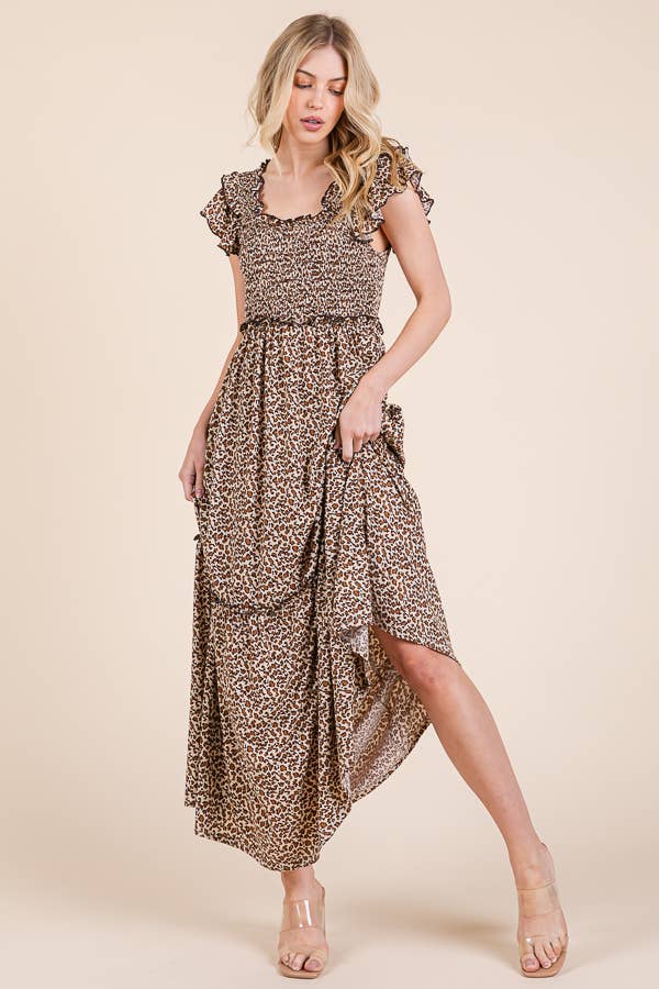Leopard Ruffle Sleeve Tiered Maxi Dress
