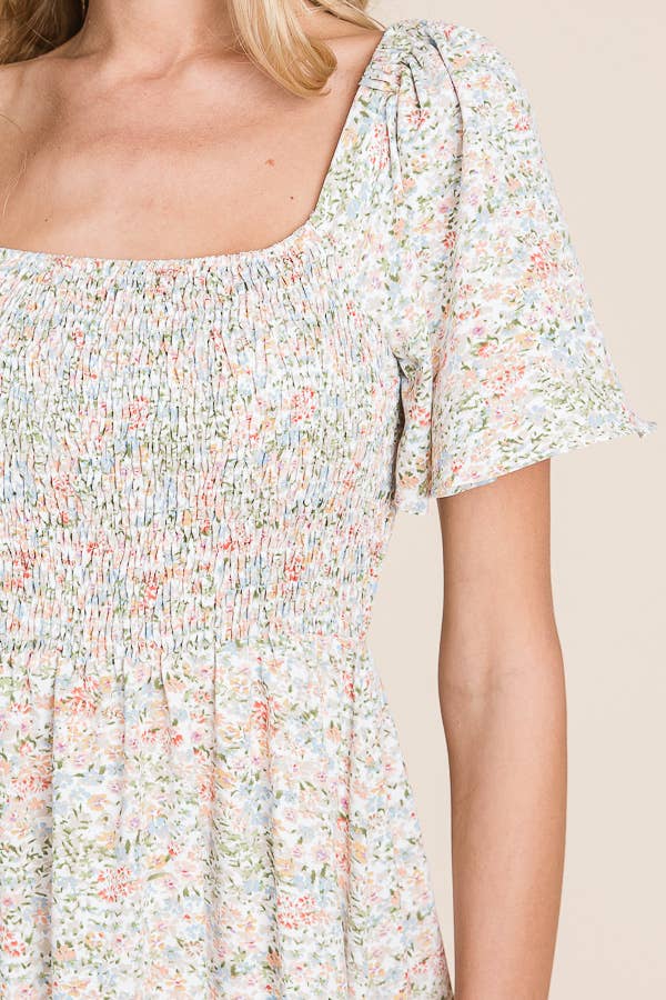 Floral Print Butterfly Sleeve Square Neck Smocked Midi Dress: CREAM