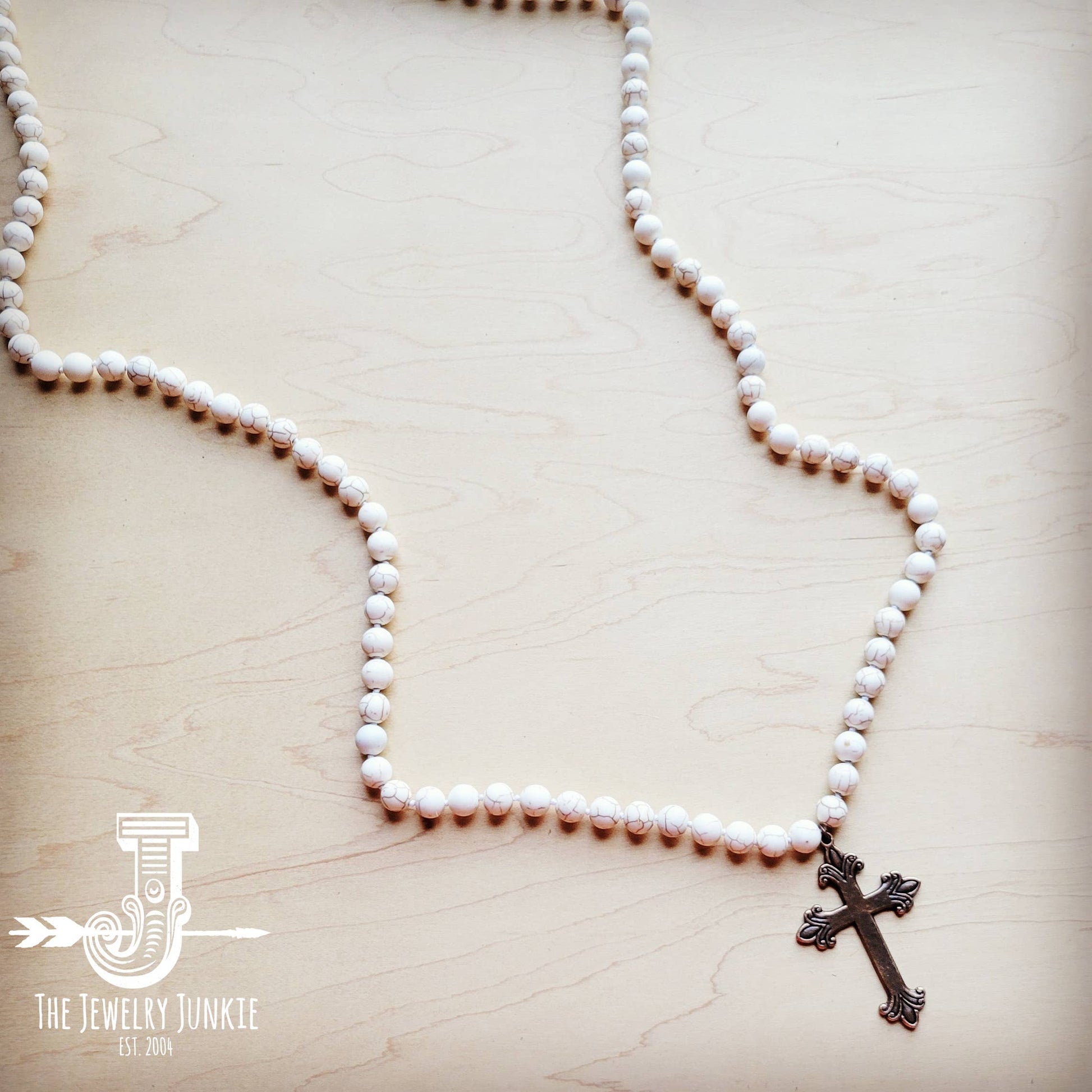 Long White Turquoise Beaded Necklace w/ Copper Cross Pendant
