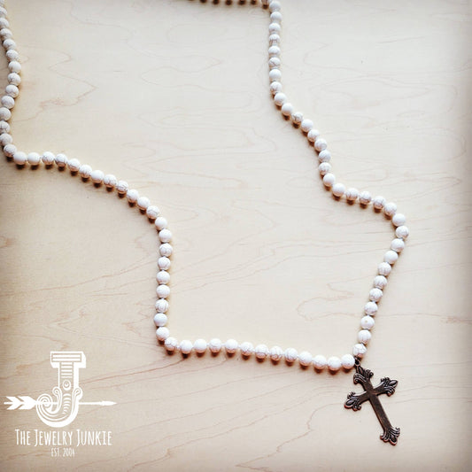 Long White Turquoise Beaded Necklace w/ Copper Cross Pendant