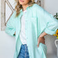 Mint Solid Frayed Hem Long Sleeve Button Down Shirt