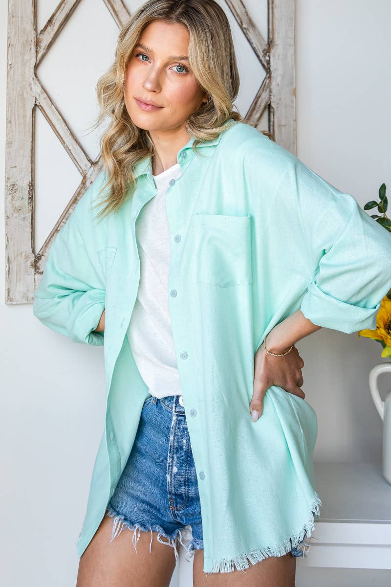 Mint Solid Frayed Hem Long Sleeve Button Down Shirt