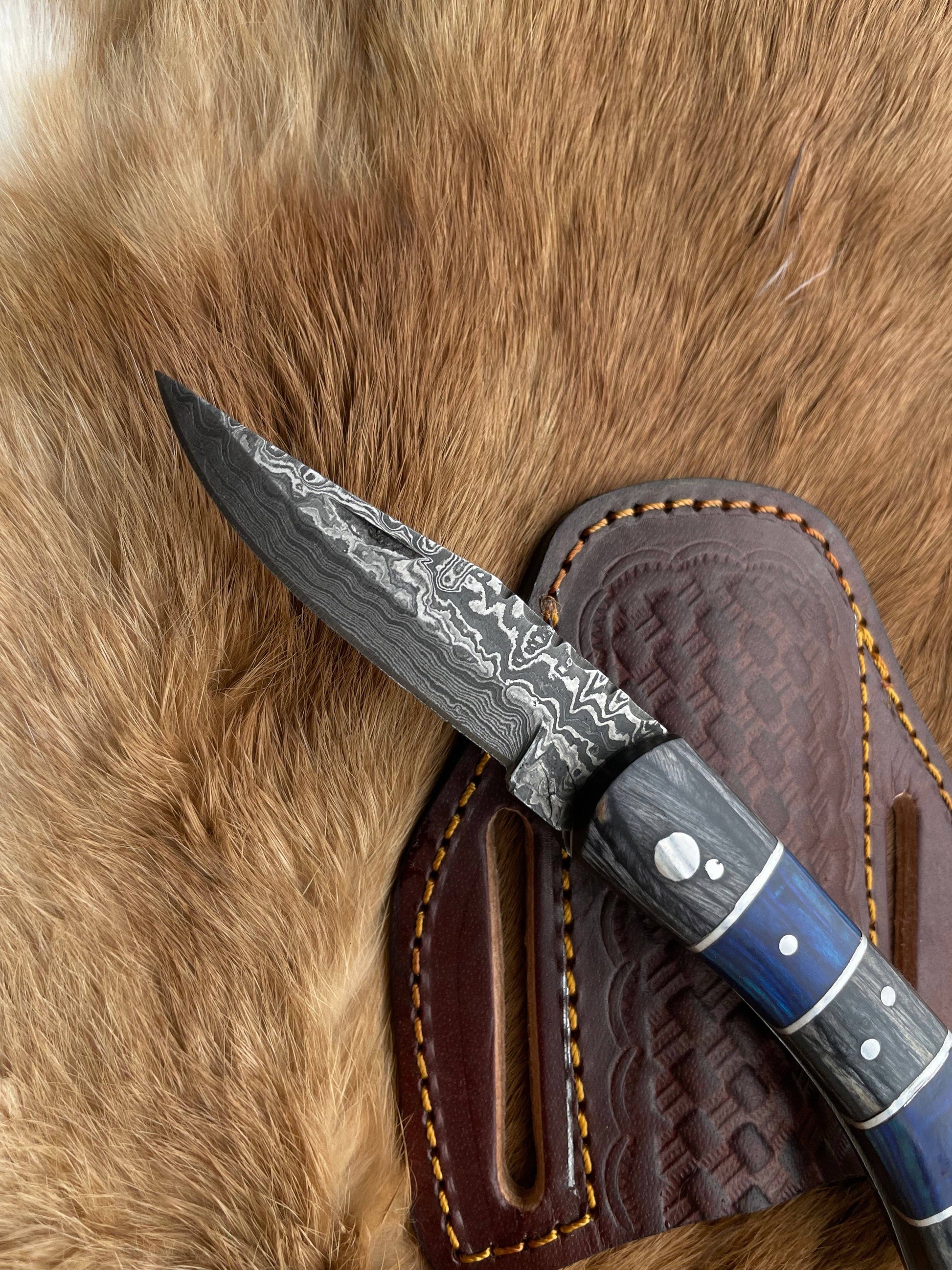 POCKET KNIFE Grey and Blue WOOD 6.5'' DAMASCUS STEEL KNI