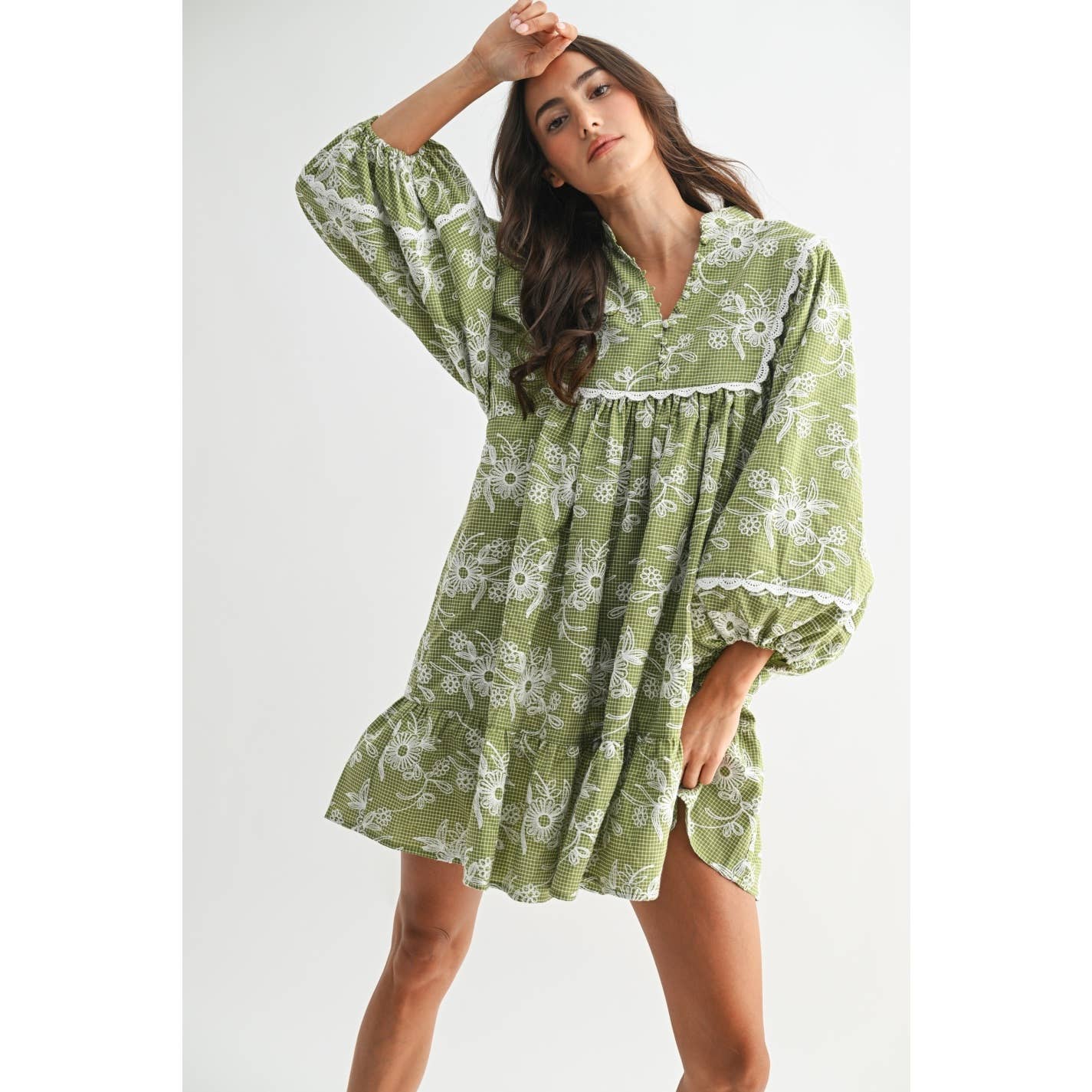 Embroidered Dress with Balloon Sleeves: Green