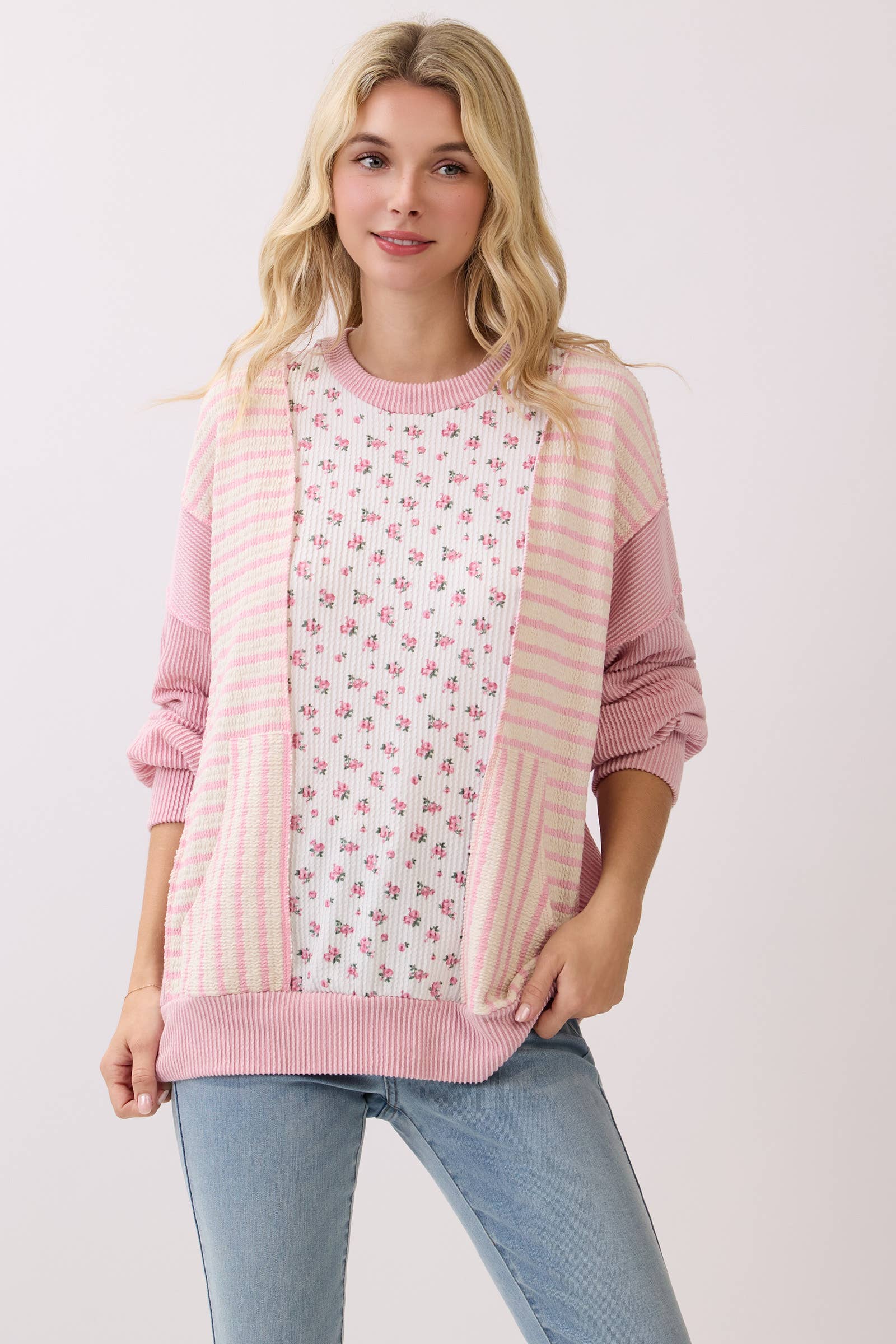 Fondant Pink Floral Rib Patchwork Pullover Top
