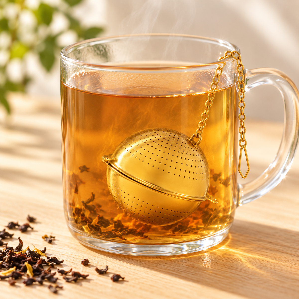 Gold Fine Mesh Tea & Herb Infuser Ball with chain Roots And Leaves