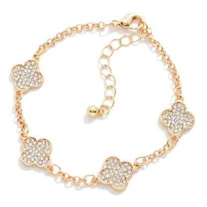 Chain Link Bracelet Featuring Pave Rhinestone Clover Stations 