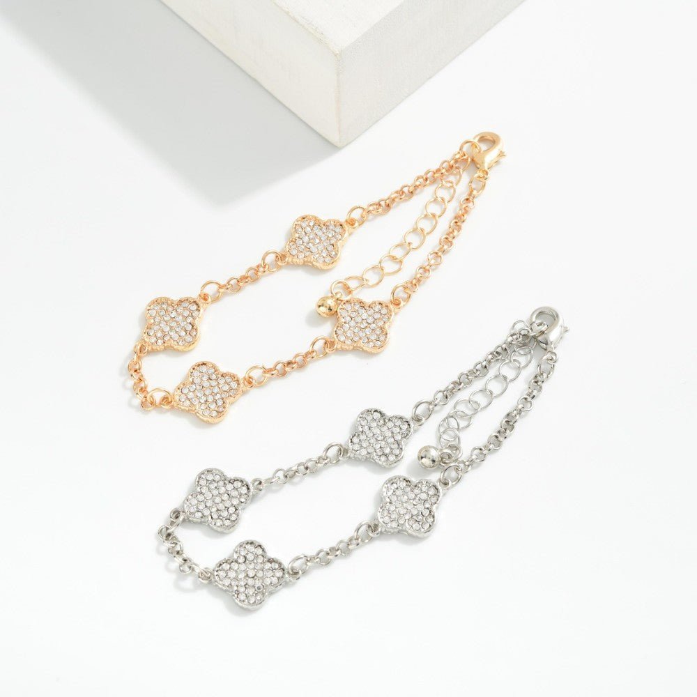 Chain Link Bracelet Featuring Pave Rhinestone Clover Stations 