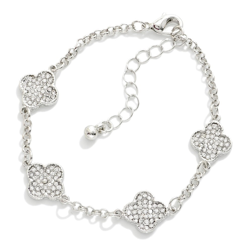 Chain Link Bracelet Featuring Pave Rhinestone Clover Stations 