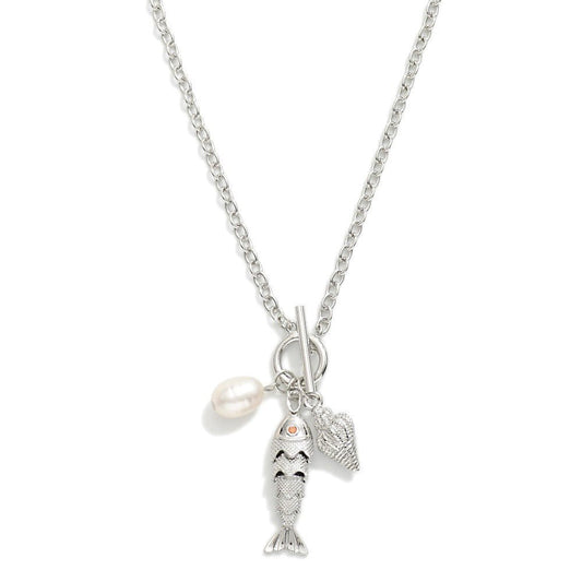 Chain Link Necklace Featuring Fish Pendant & Toggle Clasp 