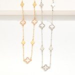 Chain Link Necklace Featuring Pearlescent Clover Stations With Cubic Zirconia Borders