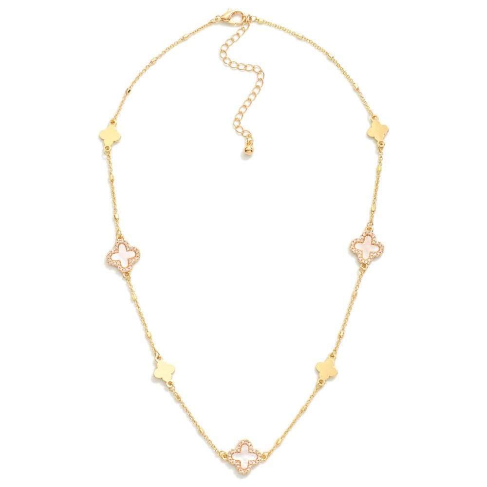 Chain Link Necklace Featuring Pearlescent Clover Stations With Cubic Zirconia Borders 