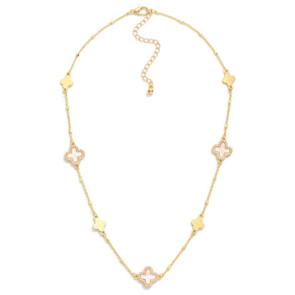Chain Link Necklace Featuring Pearlescent Clover Stations With Cubic Zirconia Borders 